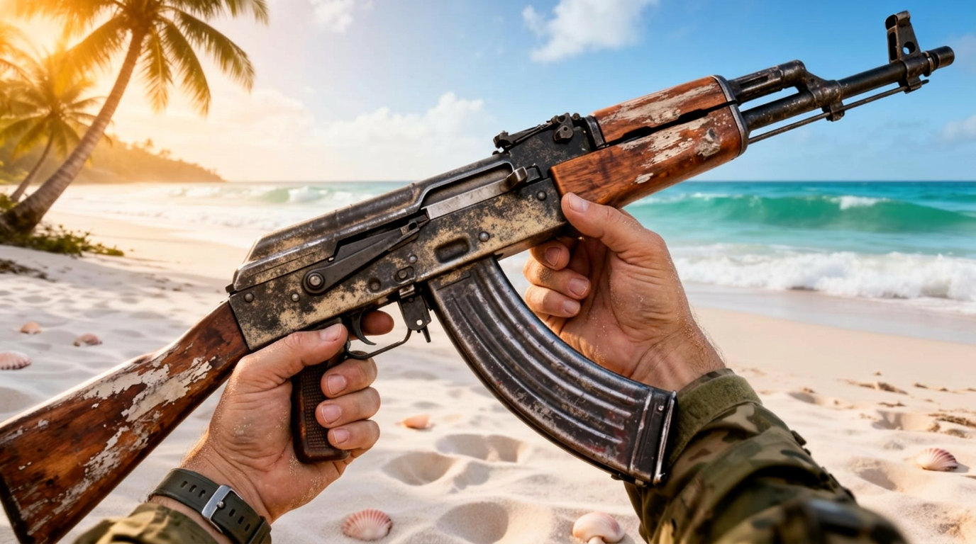A soldier inspecting a battle-worn rifle on a tropical beach