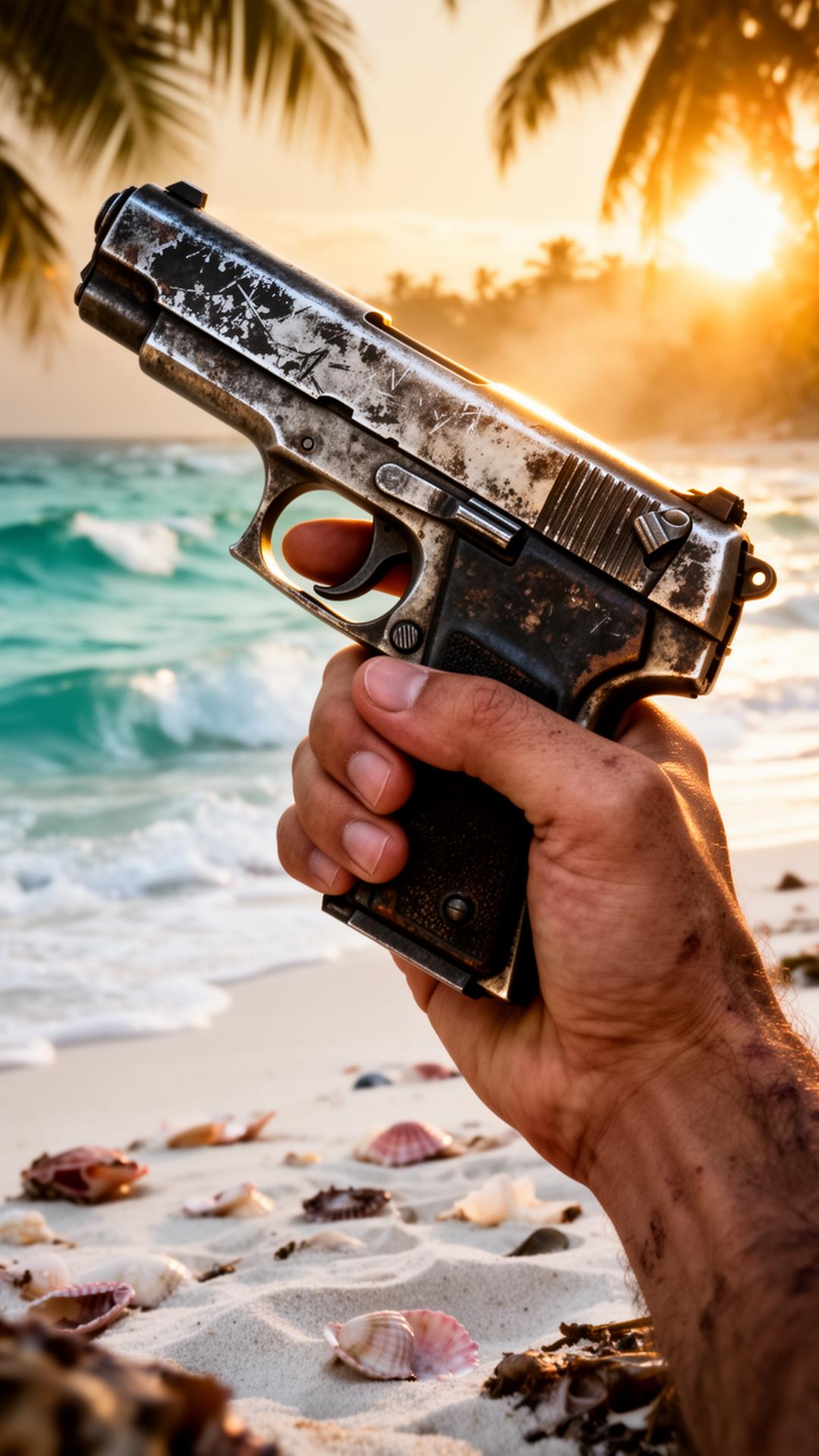 A bare hand gripping a pistol on a sunlit tropical beach